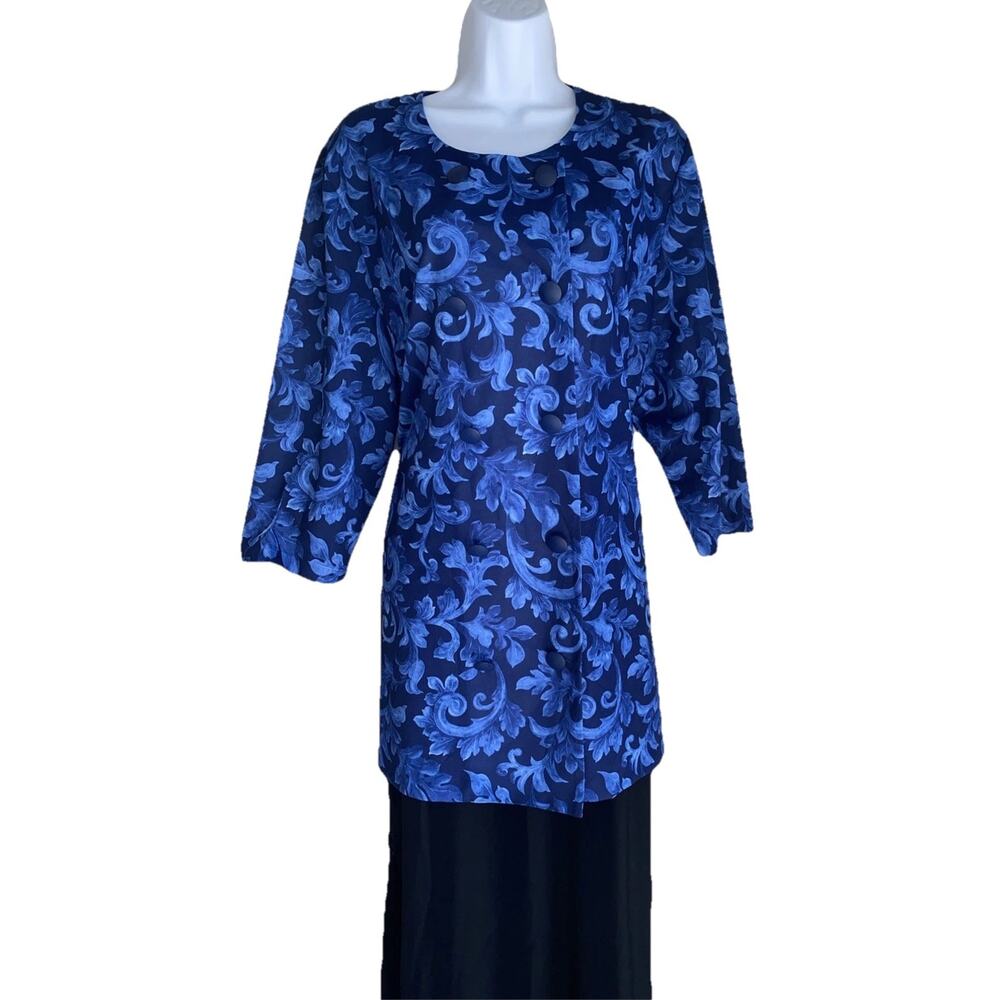 Vintage Women's Plus Size 2X Blue Damask Floral Scroll Blouse Top Longline Tunic